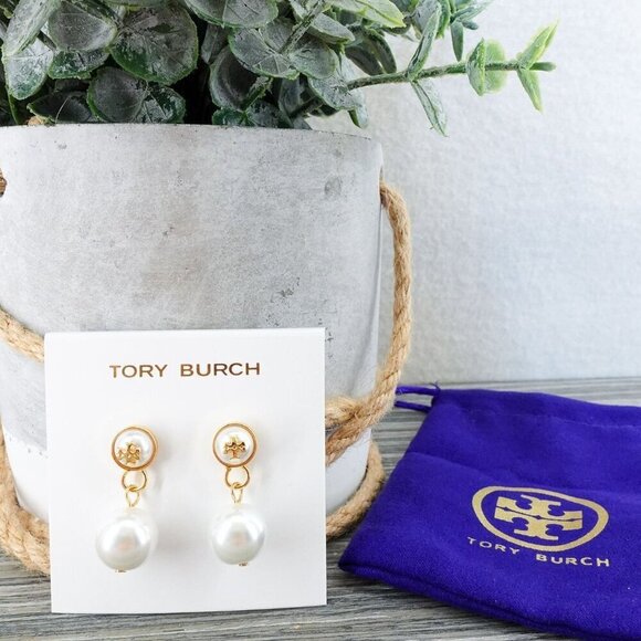 Tory Burch Jewelry - Tory Burch Saher Logo Drop Earrings Ivory/Tory Gold OS